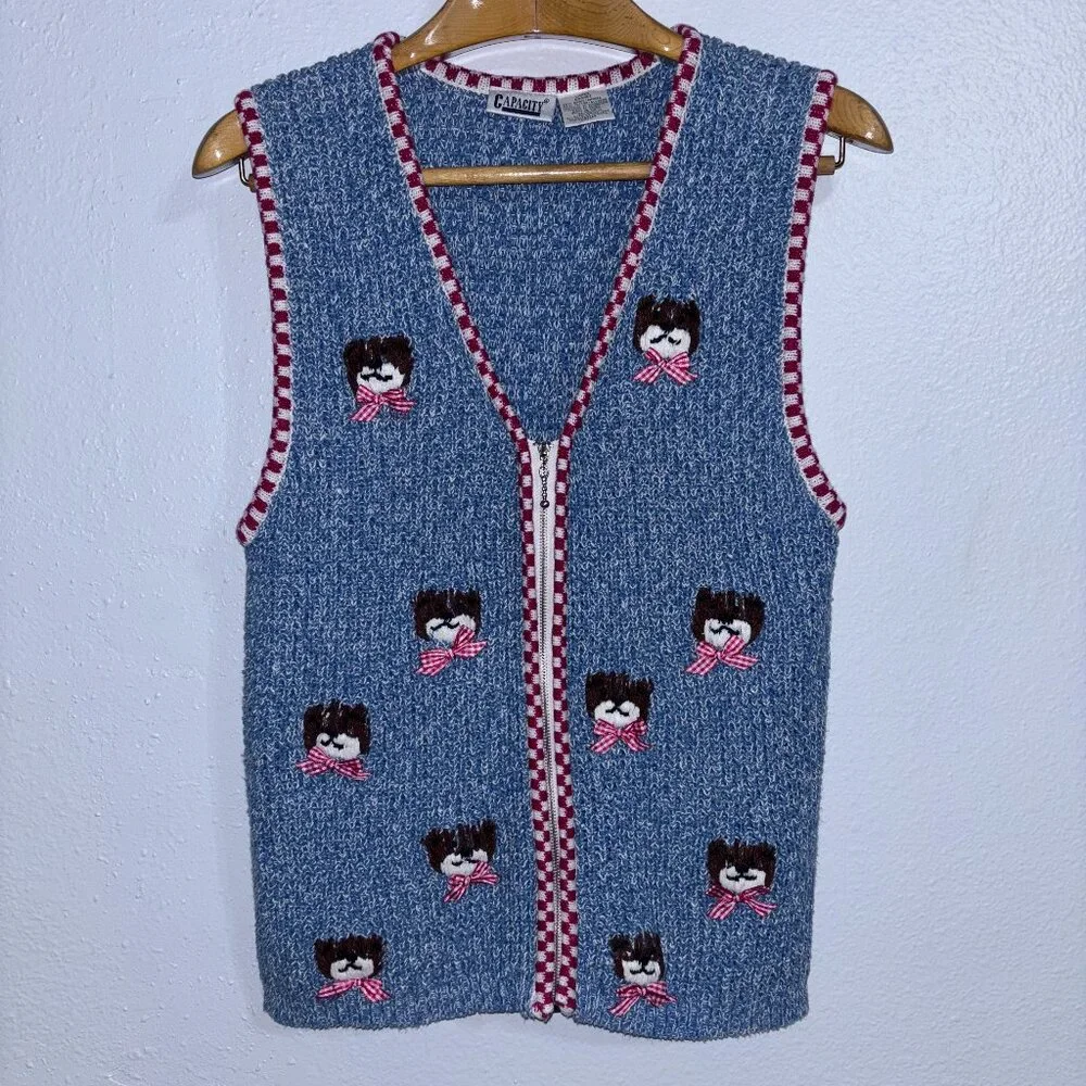 Vintage Capacity Teddy Bear‎ Sweater Vest Large Blue Knit Red Gingham Bow Ramie